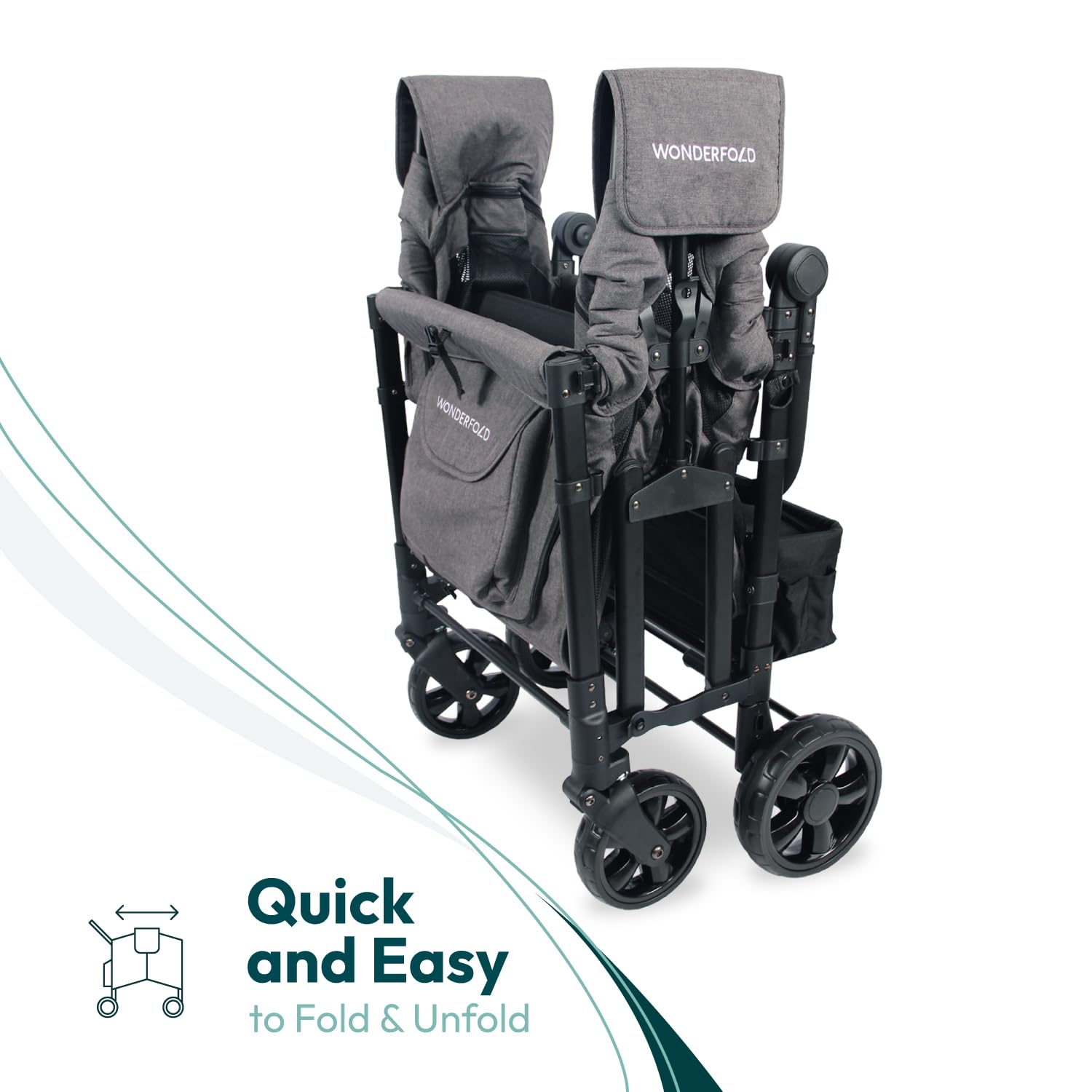 WonderFold W4 Elite Stroller Wagon - Foldable Wagon with Steel Frame - Adjustable Canopy & Push Handle - All-Terrain Wheels - for Babies, Toddlers & Kids - 4 Seater - Gray