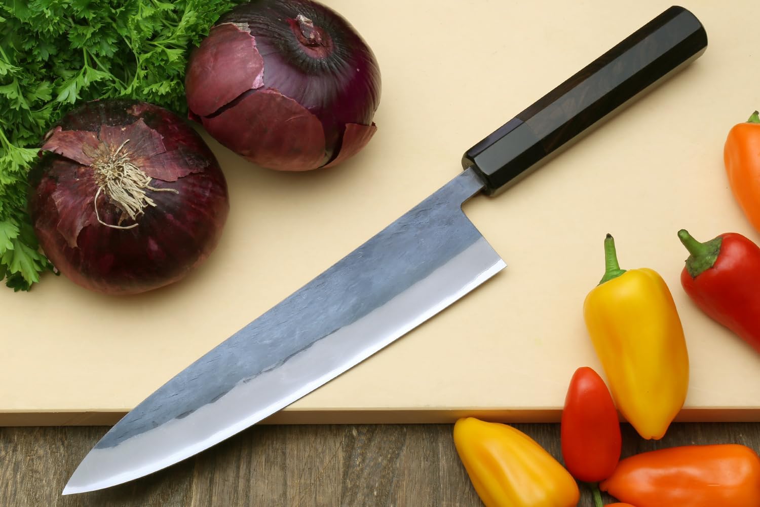 Yoshihiro Kurouchi Black-Forged Blue Steel Stainless Clad Gyuto Chefs Knife Ebony Handle (8.25'' (210mm) & Saya)
