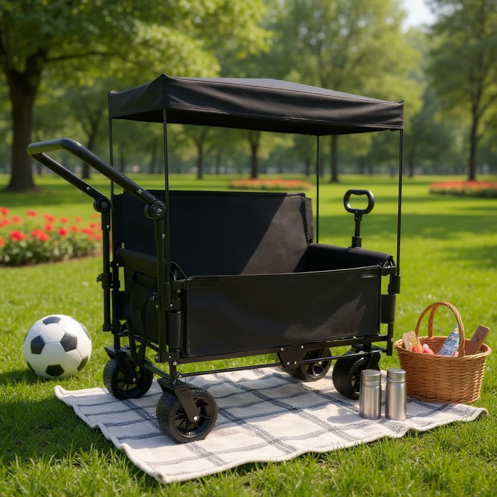 3 in 1 Folding Wagon Cart with Bench Seat Canopy Storage, 500lbs Heavy Duty, 180L Capacity, All Terrain Wagon for Camping, Beach, Sports, Garden, Black