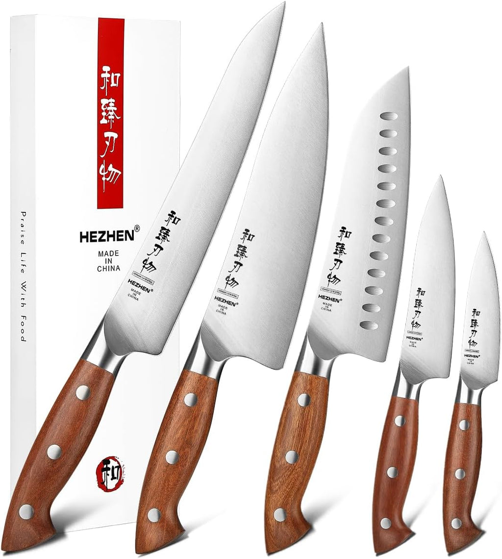 HEZHEN Knife Set,5 Piece Kitchen Chef Knife Set, German High Carbon Stainless Steel Ultra Sharp Chef Santoku Slicing Utility Paring Knives Sets, Ergonomic Full Tang Handle Cooking Cutlery Set Gift