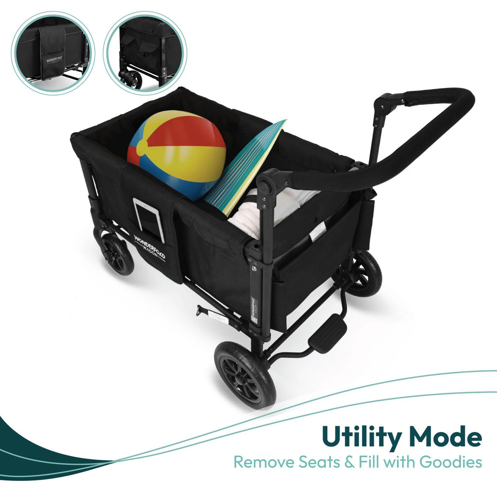WONDERFOLD W1 Original Stroller Wagon (2 Seater) - Wagon Stroller with Seats with 5-Point Harnesses, Adjustable Push Handle, and Sun Canopy, Jet Black