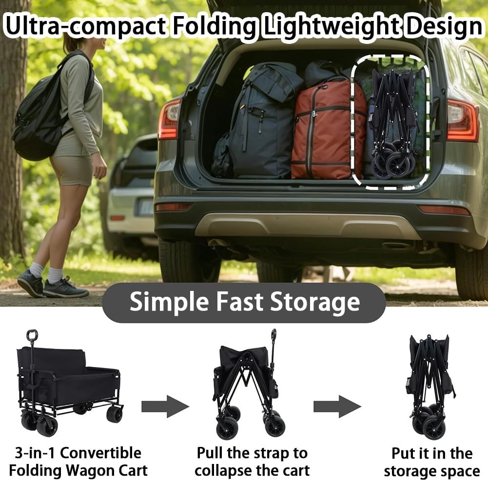 3-in-1 Convertible Folding Wagon Cart with Seat & Storage, 500lbs Heavy-Duty Utility Wagon, 180L Capacity, All-Terrain 360° Swivel Wheels for Camping, Beach, Sports, Garden (Black)