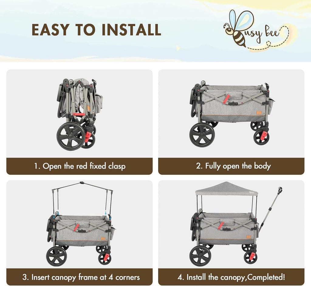 Busy Bee Foldable Wagon Stroller for 2 Kids, Push Pull Collapsible Kids Wagon with Adjustable Handle Bar, Removable Canopy, 5-Point Harness, Shock-Absorbing Wheels, Grey