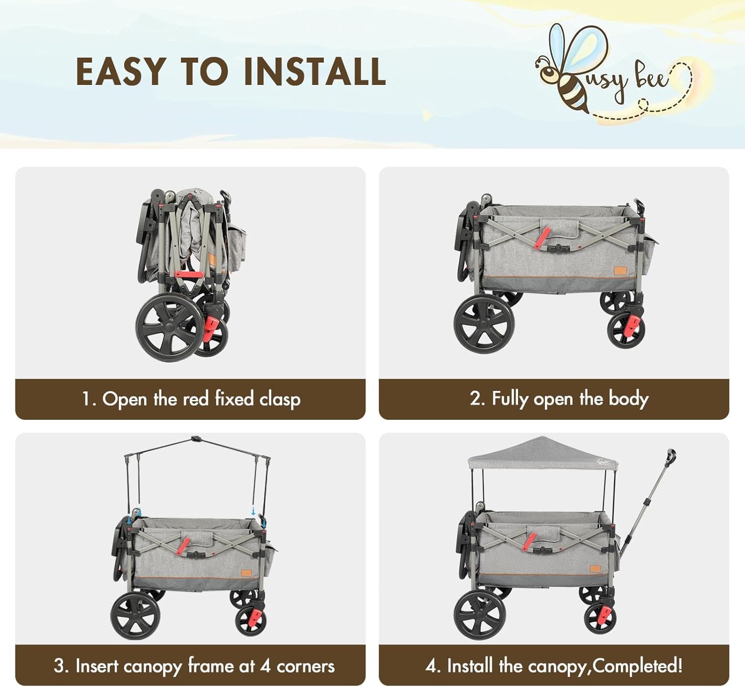 Busy Bee Foldable Wagon Stroller for 2 Kids, Push Pull Collapsible Kids Wagon with Adjustable Handle Bar, Removable Canopy, 5-Point Harness, Shock-Absorbing Wheels, Grey