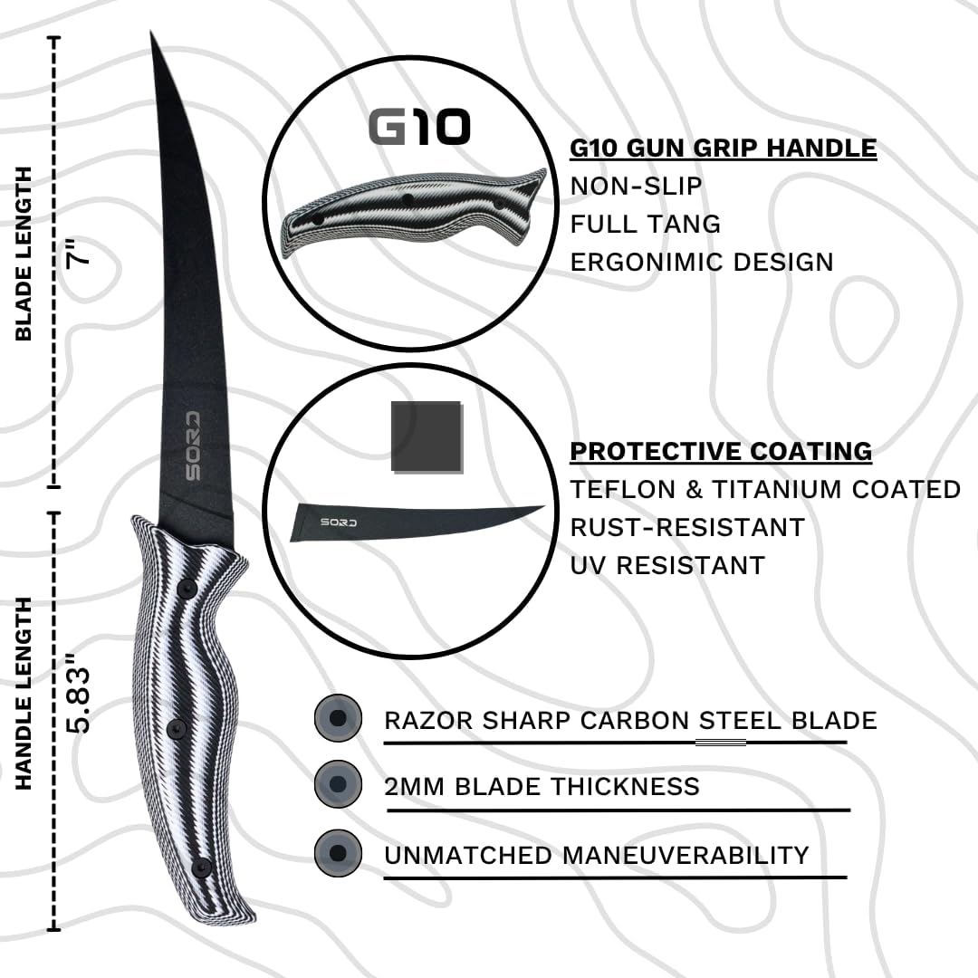 SORD Fillet Knife - 5-9' Filet Knives For Fish - Razor Sharp Boning Knife - Saltwater and Freshwater Fishing - Includes Kydex Sheath - Full Tang Blades | G10 Non Slip Grip | Corrosion Resistant