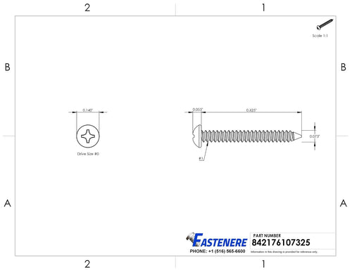 #1 x 5/8' Pan Head Sheet Metal Screws, Stainless Steel 18-8, Full Thread, Bright Finish, Self-Tapping, Quantity 2500 By Fastenere