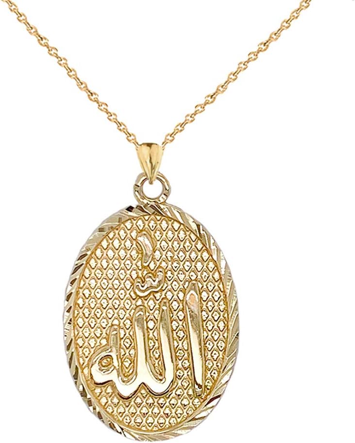 Certified 14k Gold Sparkle-Cut 'Allah' Oval Medal Pendant Necklace