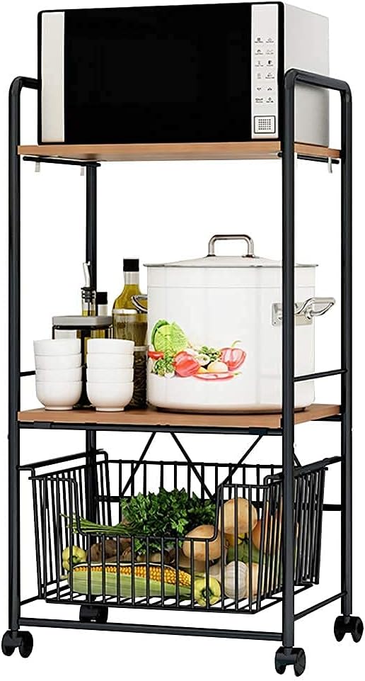 Rolling Microwave Stand with 3 Shelves Drawer Wire Basket Non Slip Workstation Kitchen Baker's Rack for Microwave Oven Spice Rack Organizer Utility Storage Shelf.