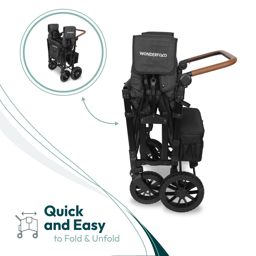 WonderFold W4 Luxe Stroller Wagon - Collapsible Stroller Wagon with Steel Frame - Adjustable Canopy & Push Handle - XL All-Terrain Wheels - for Babies, Toddlers & Kids - 4 Seater - Black
