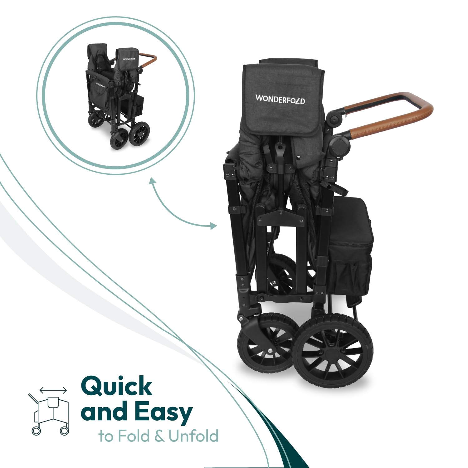 WonderFold W4 Luxe Stroller Wagon - Collapsible Stroller Wagon with Steel Frame - Adjustable Canopy & Push Handle - XL All-Terrain Wheels - for Babies, Toddlers & Kids - 4 Seater - Black