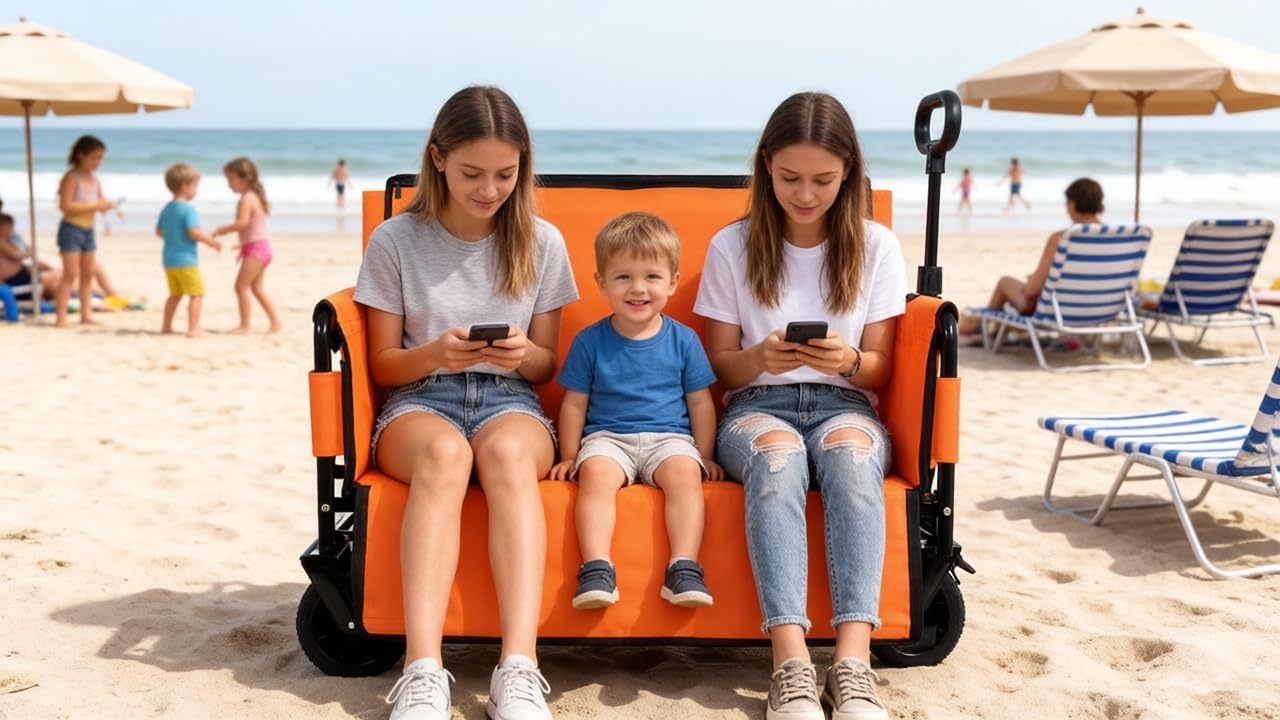 3-in-1 Convertible Folding Wagon Cart with Bench Seat & Storage - 500lbs Heavy-Duty Utility Wagon, 180L Capacity All-Terrain Wheels for Camping, Beach, Sports, Garden (Orange)