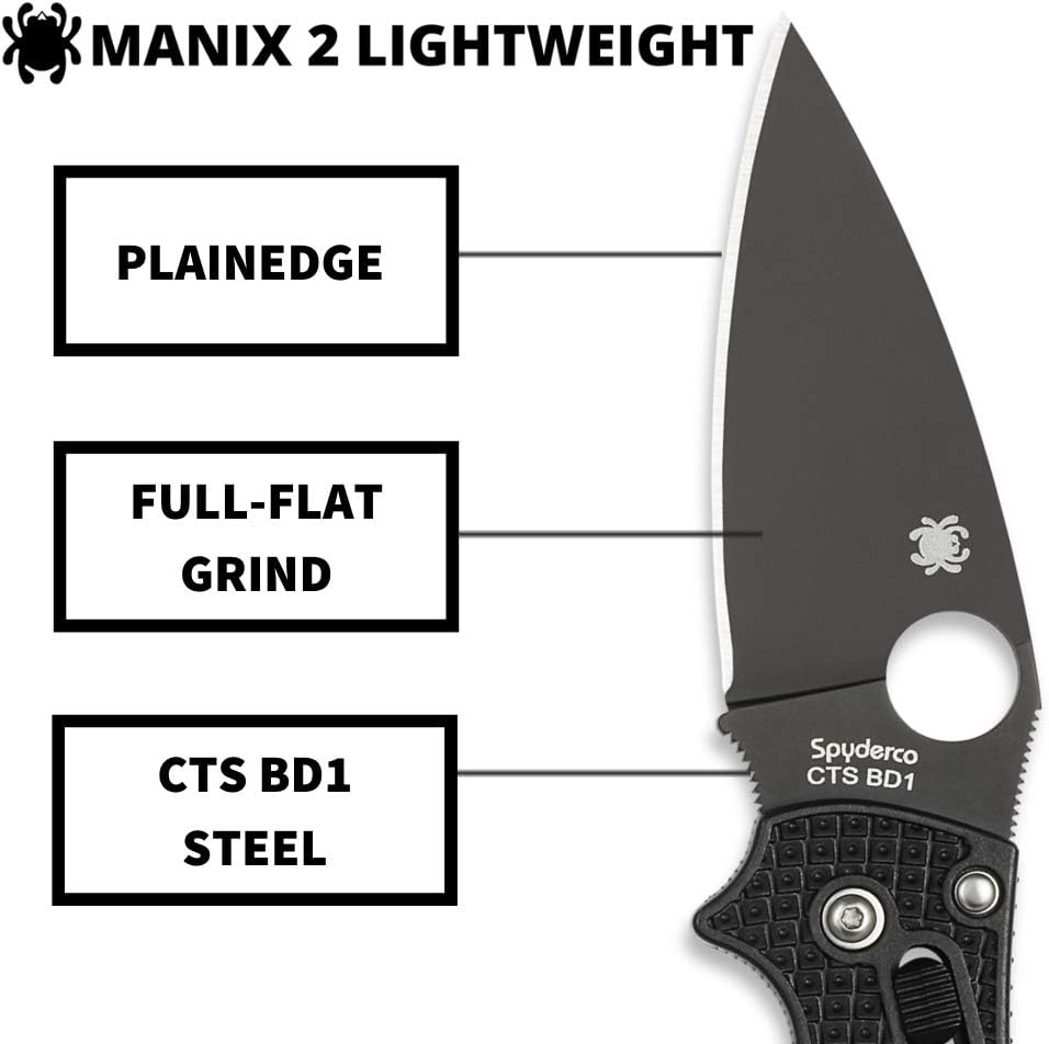 Spyderco Manix 2 Lightweight Folding Pocket Knife with 3.3' CTS BD1N Steel Blade and FRCP Handle - EDC Knife for Men and Women, Perfect for Hunting, Tactical, Camping - PlainEdge - C101PBBK2