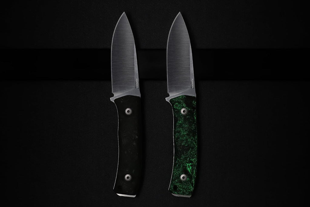LionSTEEL M4 Fixed Blade FatCarbon Glow in the Dark Carbon Fiber Handle Scales, Full Extended Tang Construction, M390 Steel Blade, Triple Stitched Leather Sheath, KAVISO Exclusive