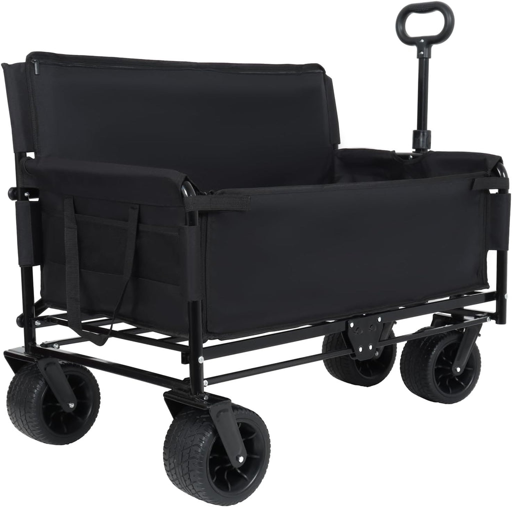 3-in-1 Convertible Folding Wagon Cart with Bench Seat & Storage 500lbs Heavy-Duty Utility Wagon, 180L Capacity All-Terrain Wheels for Camping, Beach, Sports, Garden, Black Multi-Functional Outdoor