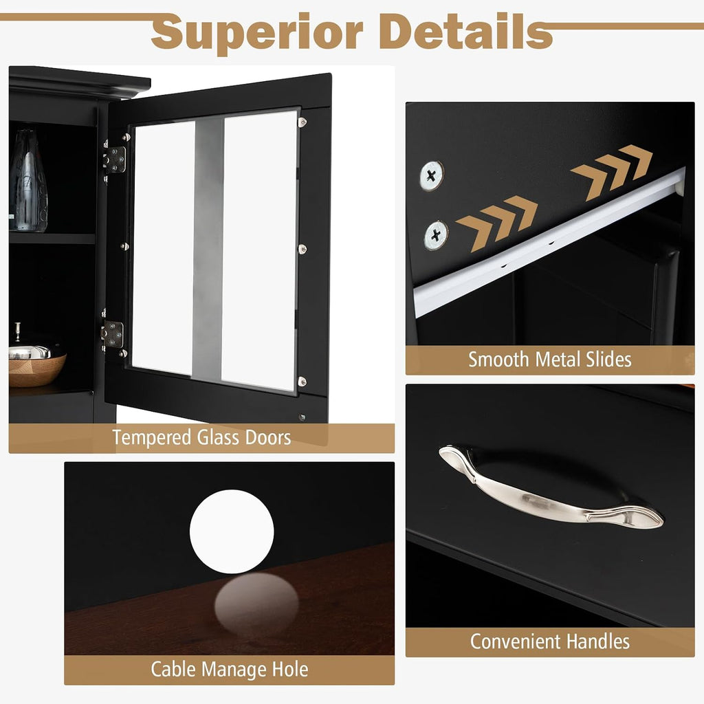 LOKO Kitchen Hutch Storage Cabinet, Sideboard Buffet Kitchen Cupboard with 4 Doors, 3 Drawers, 5 Adjustable Shelves and 9 Wine Grids, 44 x 17 x 72.5 inches (Black)