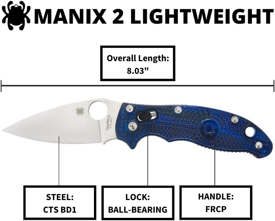Spyderco Manix 2 Lightweight Folding Pocket Knife with 3.3' CTS BD1N Steel Blade and FRCP Handle - EDC Knife for Men and Women, Perfect for Hunting, Tactical, Camping, Survival - PlainEdge - C101PBL2
