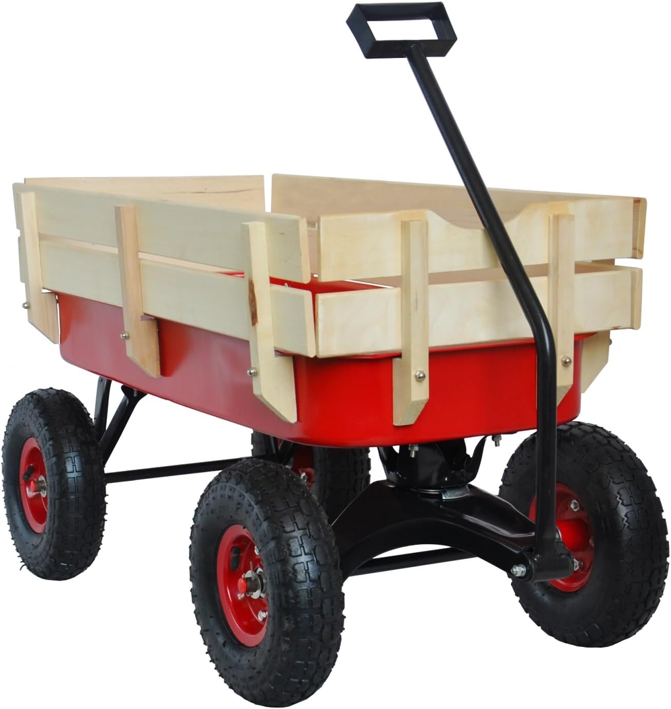 Outdoor Sport Wagon Tools cart Wooden Side Panels air Tires Wagon (red)