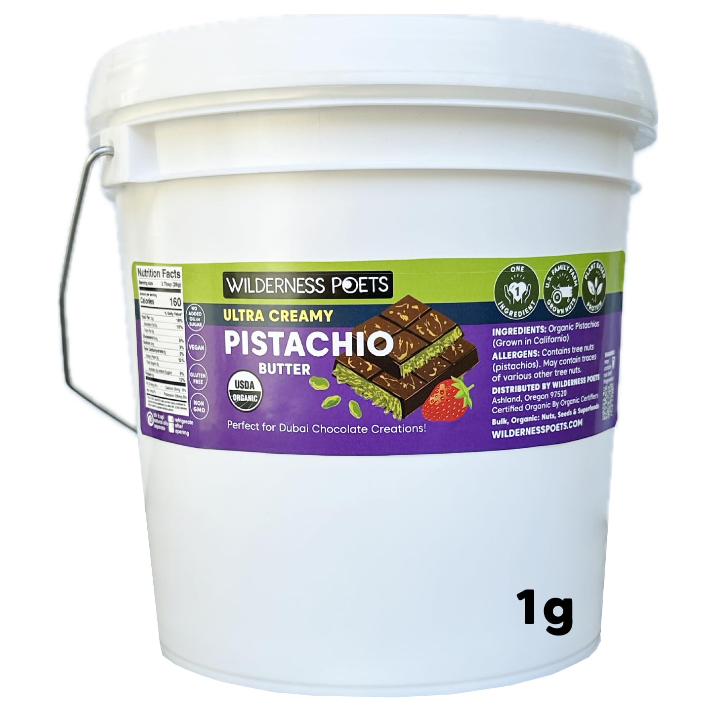 Wilderness Poets, Organic Ultra Creamy Pistachio Nut Butter - (7 Pound- 1 Gallon) - Unsweetened, Silky Smooth - Perfect for Dubai Chocolate-Inspired Creations. One ingredient: 100% Organic Pistachios