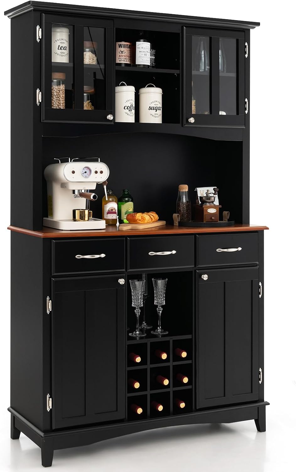 LOKO Kitchen Hutch Storage Cabinet, Sideboard Buffet Kitchen Cupboard with 4 Doors, 3 Drawers, 5 Adjustable Shelves and 9 Wine Grids, 44 x 17 x 72.5 inches (Black)