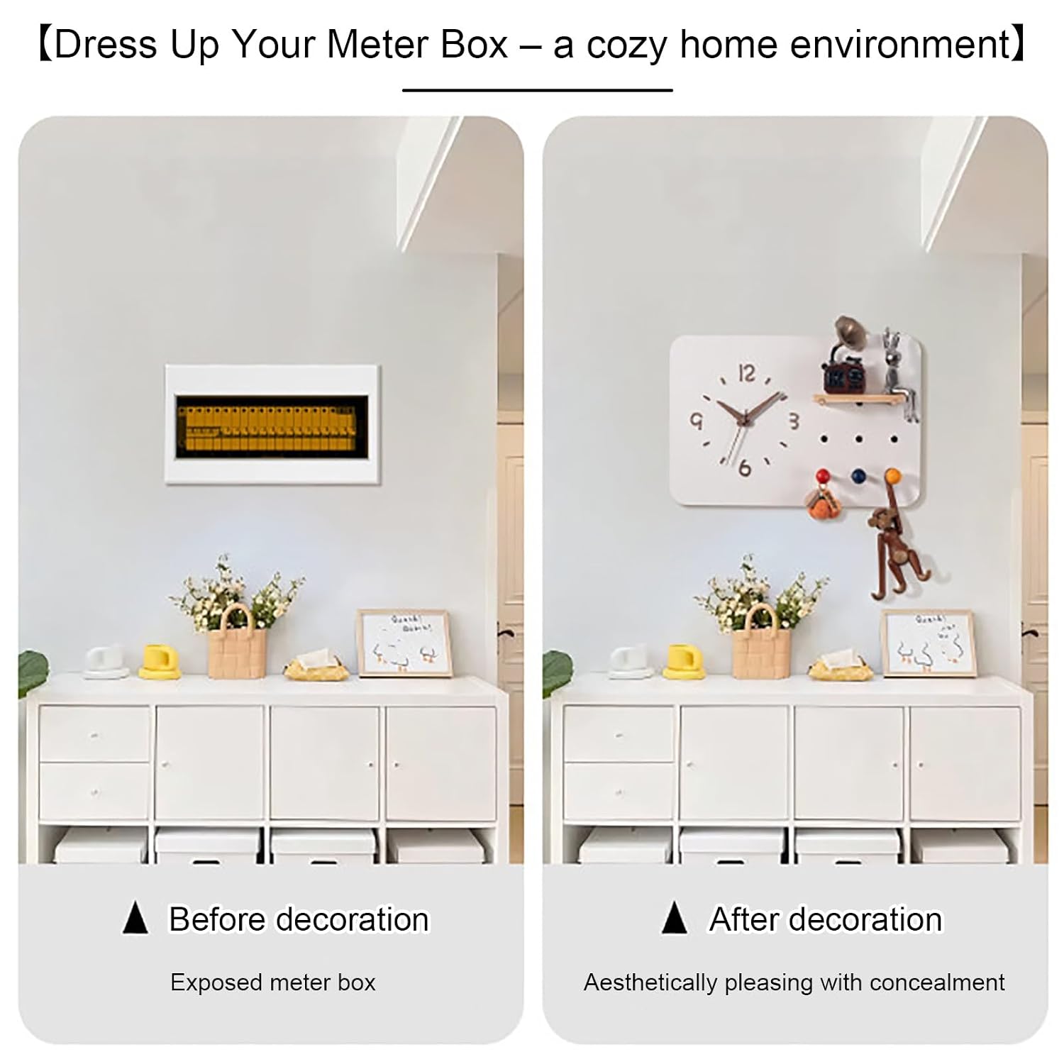 Decorative Fuse Box Cover with Clock, Hidden Circuit Breaker Panel, Modern Electrical Panel Cover Wall Mounted for Home Office, with Storage Function(Wood)
