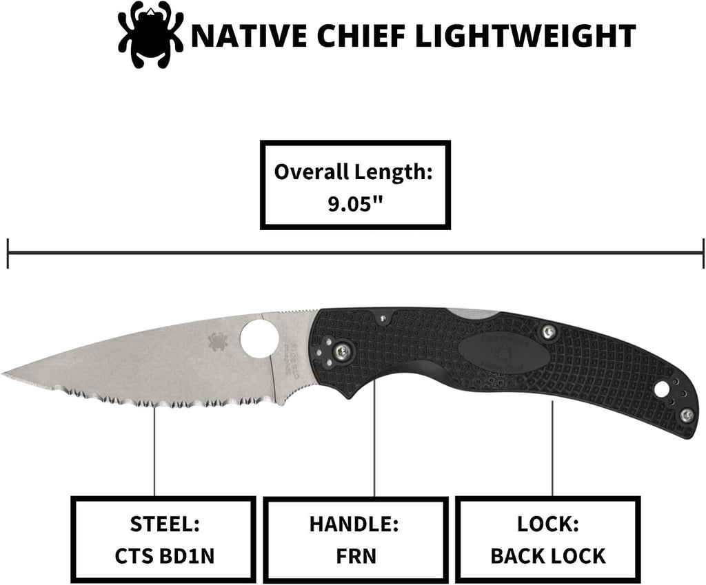 Spyderco Native Chief Lightweight Folding Pocket Knife with 4' CTS BD1N Steel Blade and FRN Handle - EDC Knife for Men and Women, Perfect for Hunting, Tactical, Camping - SpyderEdge - C244SBK