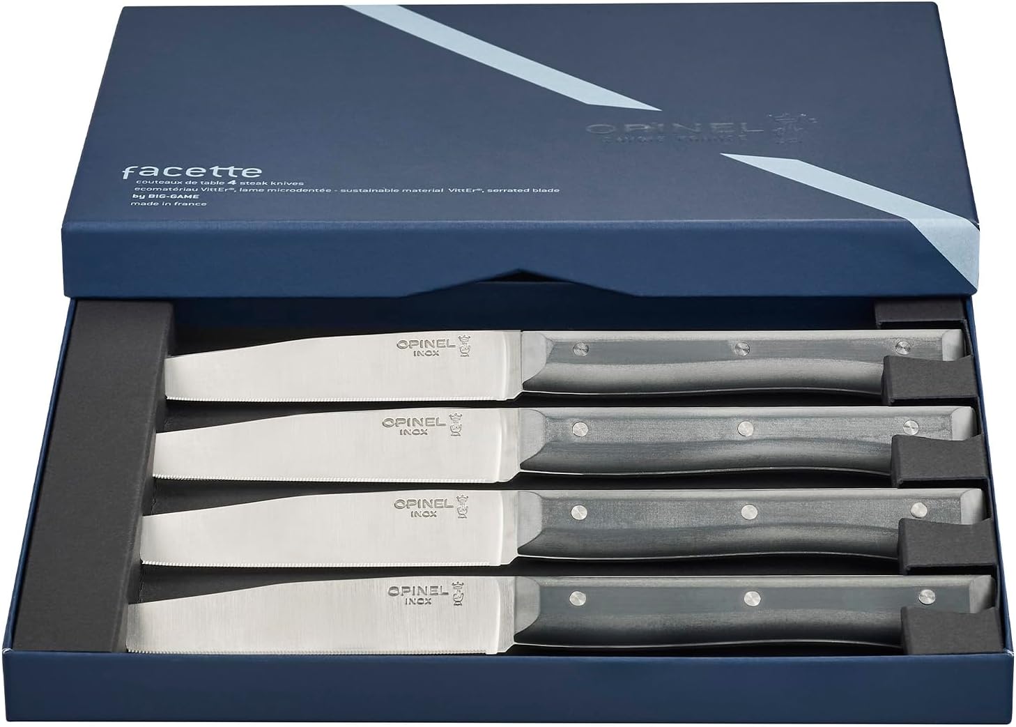 OPINEL Facette Steak Knife Set – Full Tang Table Knife Setting for 4, Comfortable Riveted Handle in Premium Woods and Vitter Eco, Made in France (Slate VittEr)