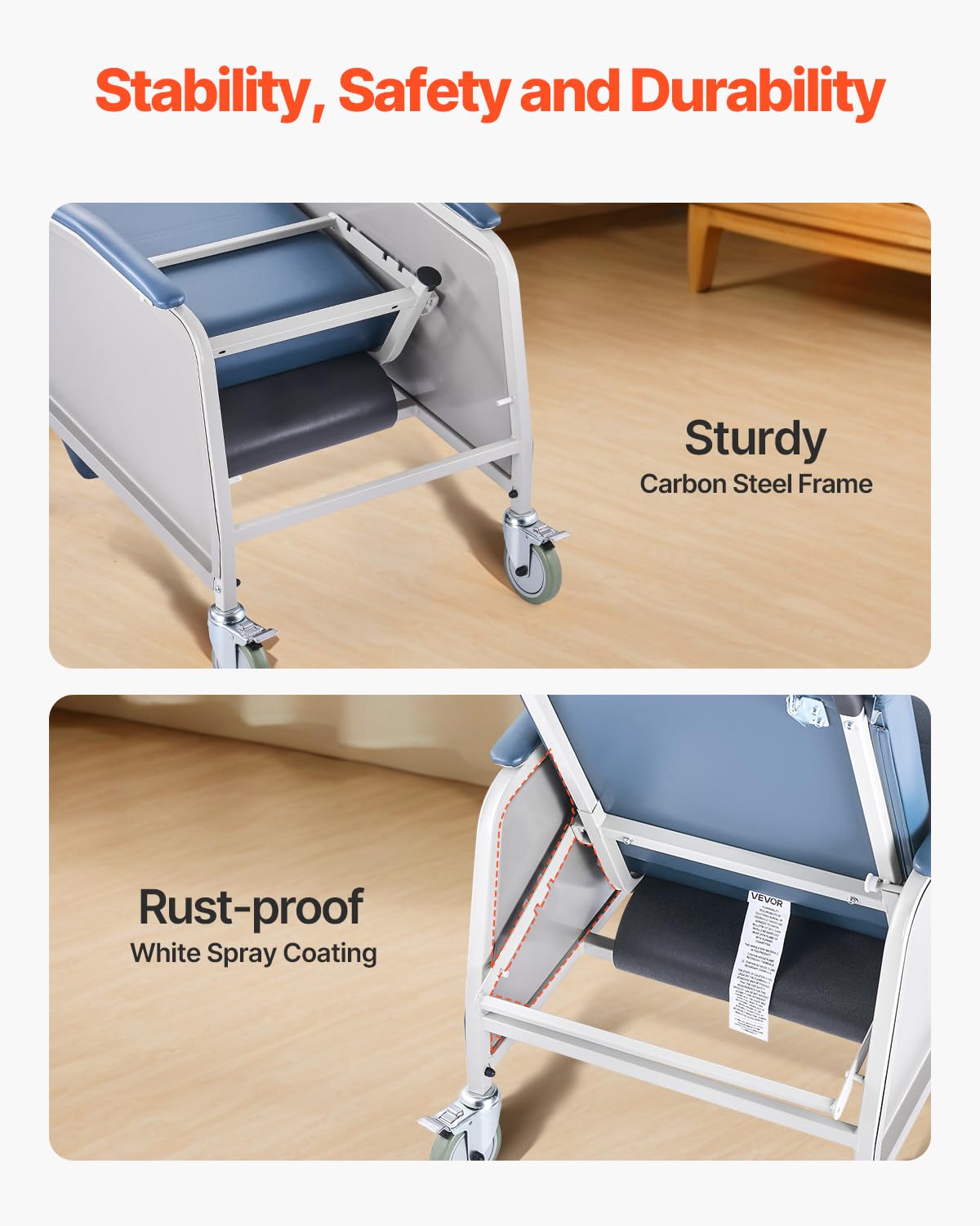 VEVOR Geri Chair Recliner, 3-Position Reclining Geri Chair, Movable Medical Recliner Chairs with 4 Wheels, Soft Padded Seat & Detachable Tray, Ideal for Hospital, Nursing Home, and Geriatric Home Care