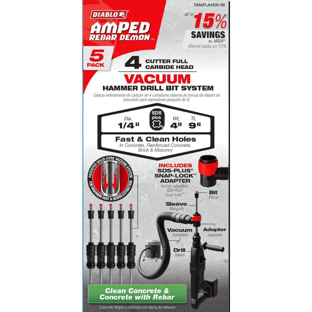 Diablo Amped Rebar Demon SDS-Plus 4-Cutter Full Carbide Head Dust Extraction Hammer Drill Bit - 1/4' Diameter, 9' Length, 4' Working Length, 5-Pack - DMAPLA4400-S6