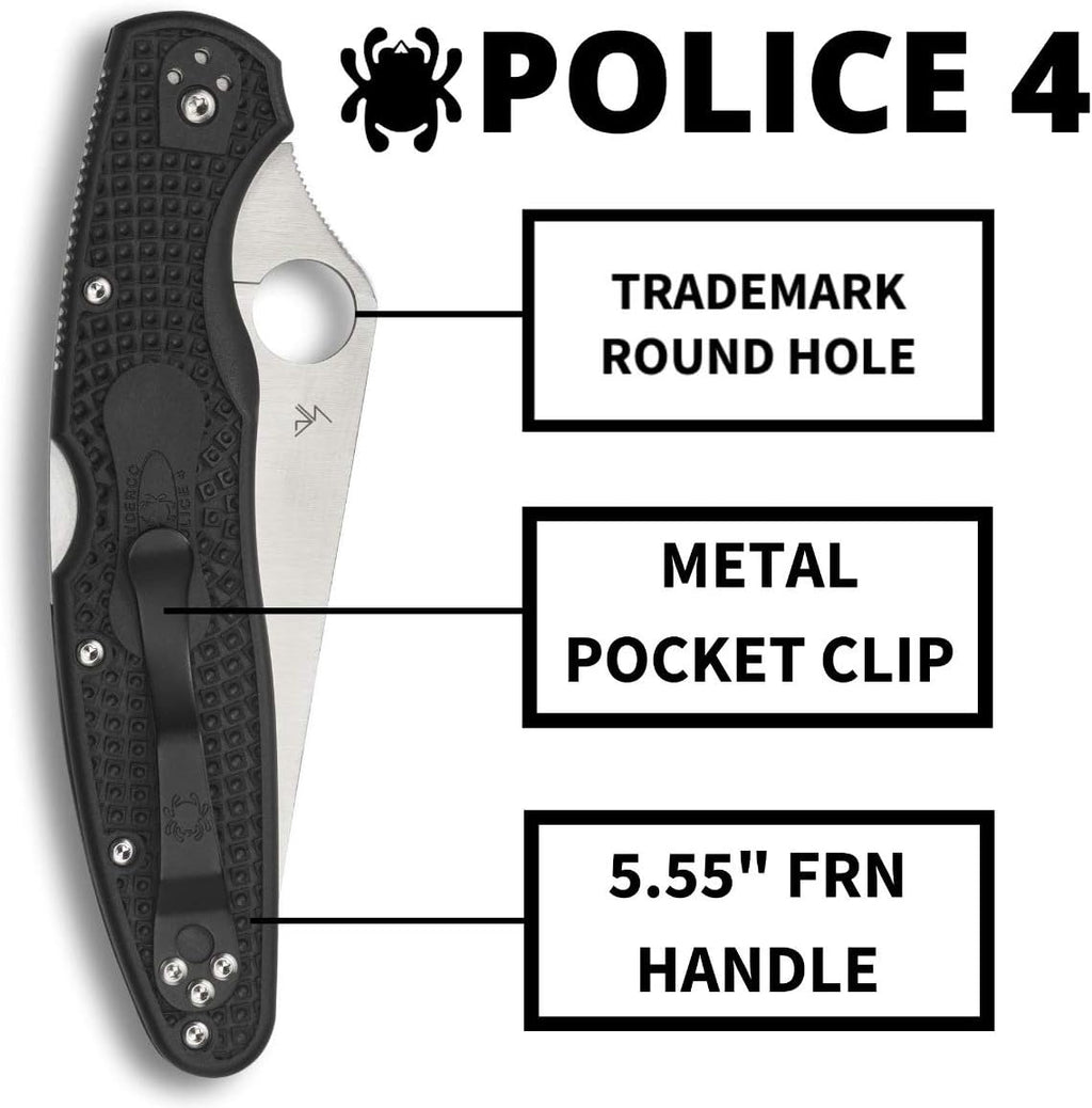 Spyderco Police 4 Lightweight Folding Pocket Knife with 4.3' VG-10 Steel Blade and FRN Handle - EDC Knife for Men and Women, Perfect for Hunting, Tactical, Camping, Survival - PlainEdge - C07PBK4