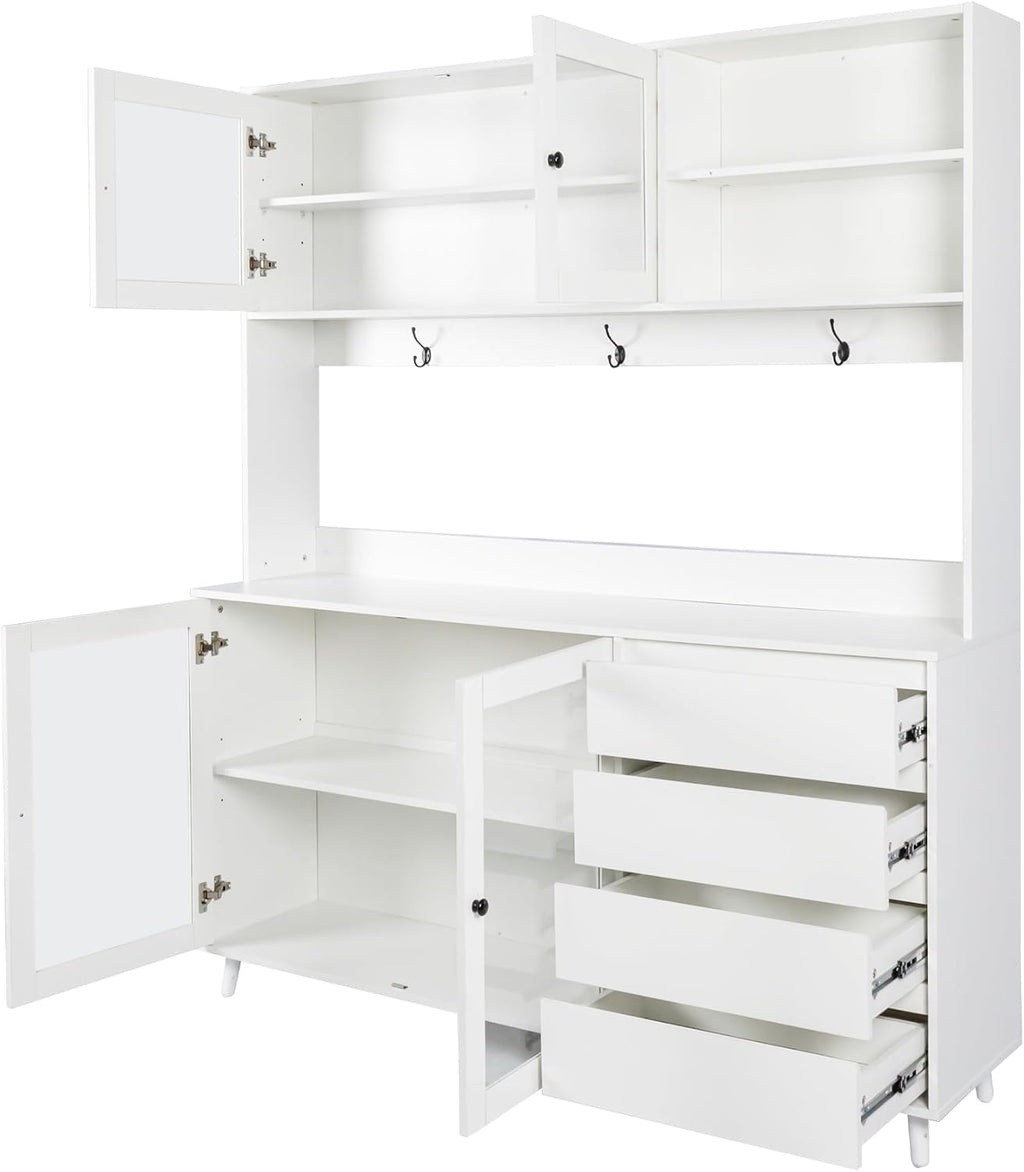 63' Kitchen Pantry Cabinet with Doors and Shelves, Bakers Rack Coffee Station with 4 Drawers and Hooks, Freestanding Storage for Kitchen Garage Office, White