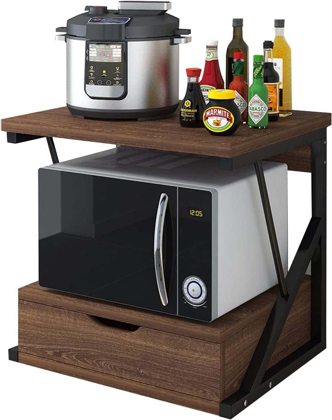 Microwave Storage Rack 2-Tier Kitchen Baker's Rack, Microwave Oven Rack Kitchen Counter Storage Organizer, Wood Kitchen Shelf Rack with Drawer Stand/Wood Color (Brown),Brown