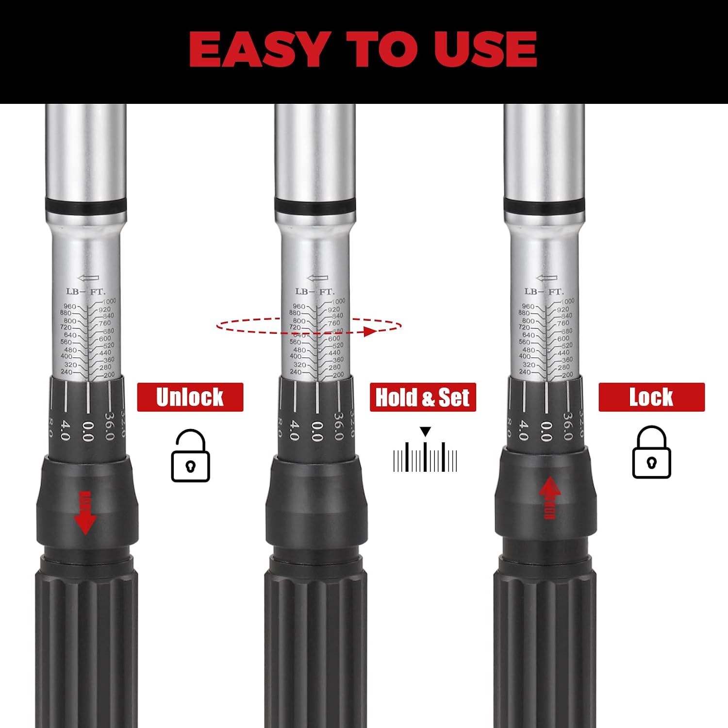 1-Inch Drive Click Torque Wrench, 200-1000ft.lb / 271-1356.7Nm Dual-Direction Adjustable Torque Wrench Set with Buckle