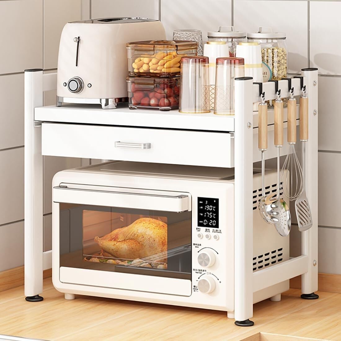 Microwave/Toaster Kitchen Microwave Oven Rack with Drawer Kitchen Storage Rack Multi -Layer Electrical Rice Cooker Standing Rack Shelf Organizer(White)