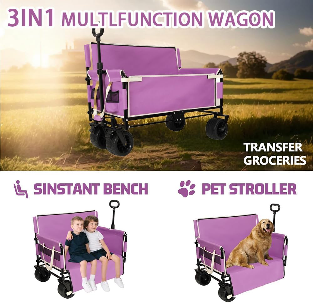 3-in-1 Convertible Folding Wagon Cart with Seat & Storage, 500lbs Heavy-Duty Utility Wagon, 180L Capacity, All-Terrain 360° Swivel Wheels for Camping, Beach, Sports, Garden (Purple)