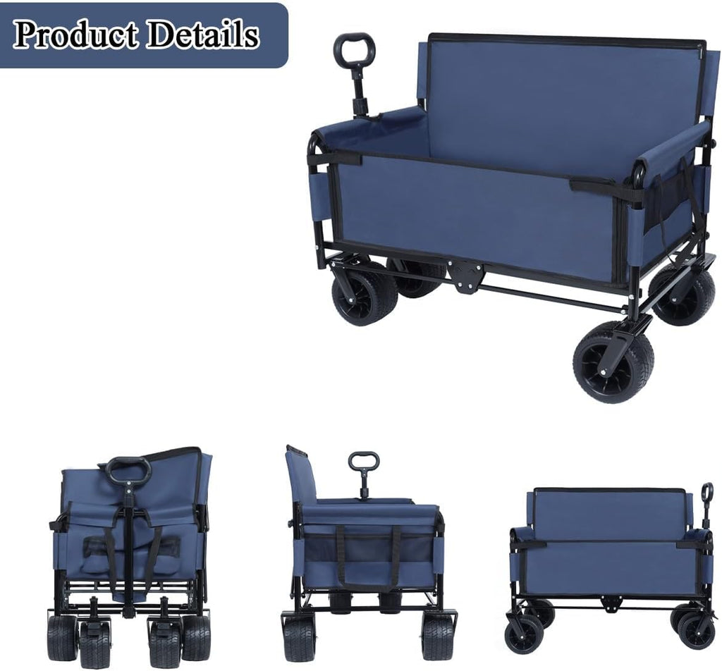 3-in-1 Folding Wagon Cart with Bench Seat & Storage, 500 Lbs Heavy-Duty Utility Lounge Wagon, All-Terrain Wheels for Camping, Beach, Sports, Garden (Black)