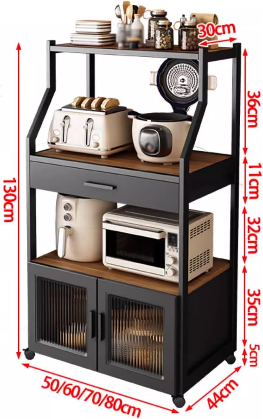 Kitchen Storage Shelves with Drawers and Storage Cabinets, Kitchen Bakers Rack with Universal Wheels, Heavy Duty Microwave Stand for Living Room, Office, Study