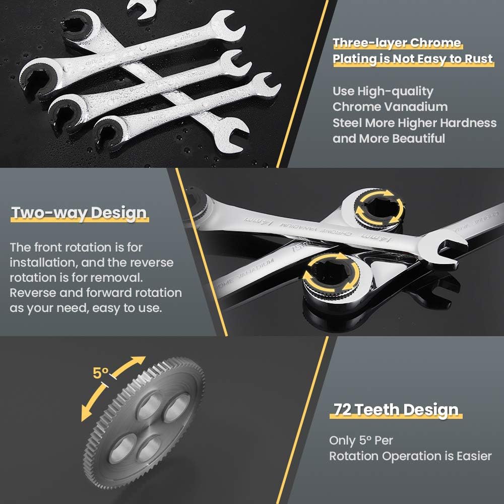 Anbull Tubing Ratchet Wrench Set Metric 9pcs（8-17mm）, Combination Ratcheting Wrench Set with Open-end Fixed Head, 72 Gears CR-V Chrome Vanadium Steel Constructed