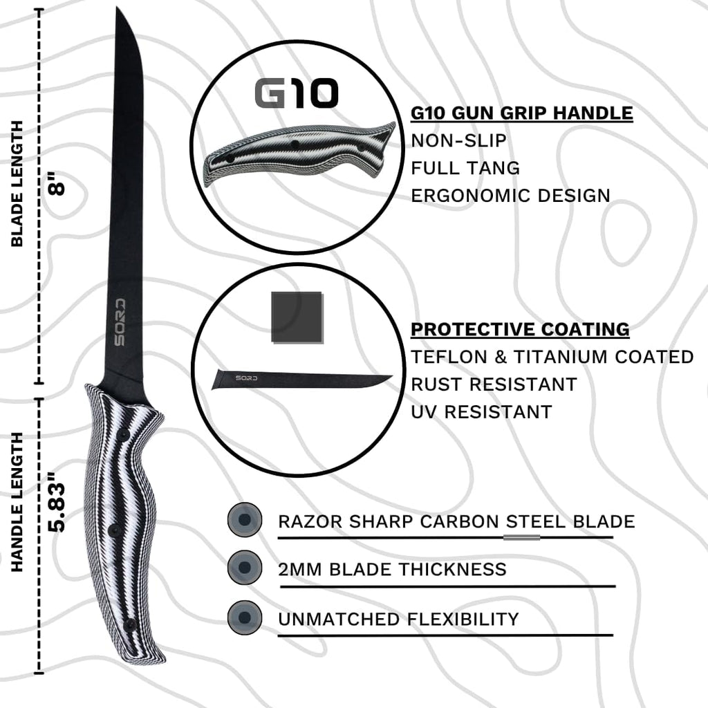 SORD Fillet Knife - 5-9' Filet Knives For Fish - Razor Sharp Boning Knife - Saltwater and Freshwater Fishing - Includes Kydex Sheath - Full Tang Blades | G10 Non Slip Grip | Corrosion Resistant