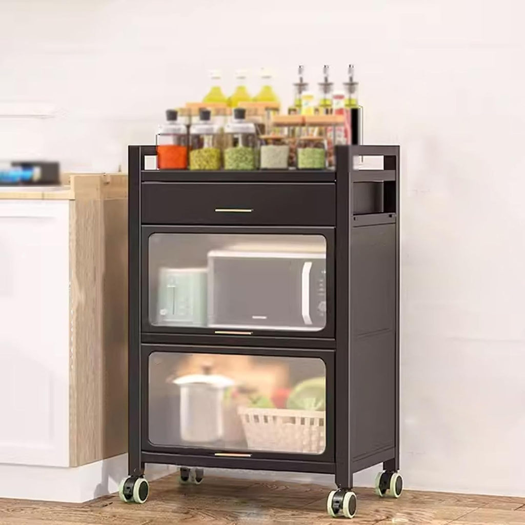 Bakers Rack with Storage Cabinet Kitchen Shelf Organizer and Storage with Drawer with Rolling Wheels, for Spices, Pots and Pans(Black,60 * 40 * 90.6cm)