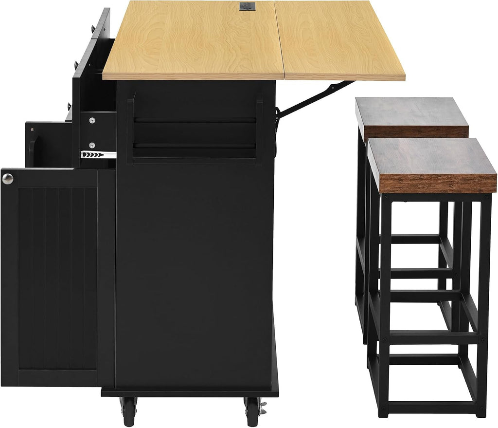 Bellemave Farmhouse Kitchen Island on Wheels with 11.8inch Drop Leaf, 2 Stools, Power Outlet,Kitchen Cart with Storage Cabinet, 2 Drawers, Door Shelves and Towel Rack(Black)