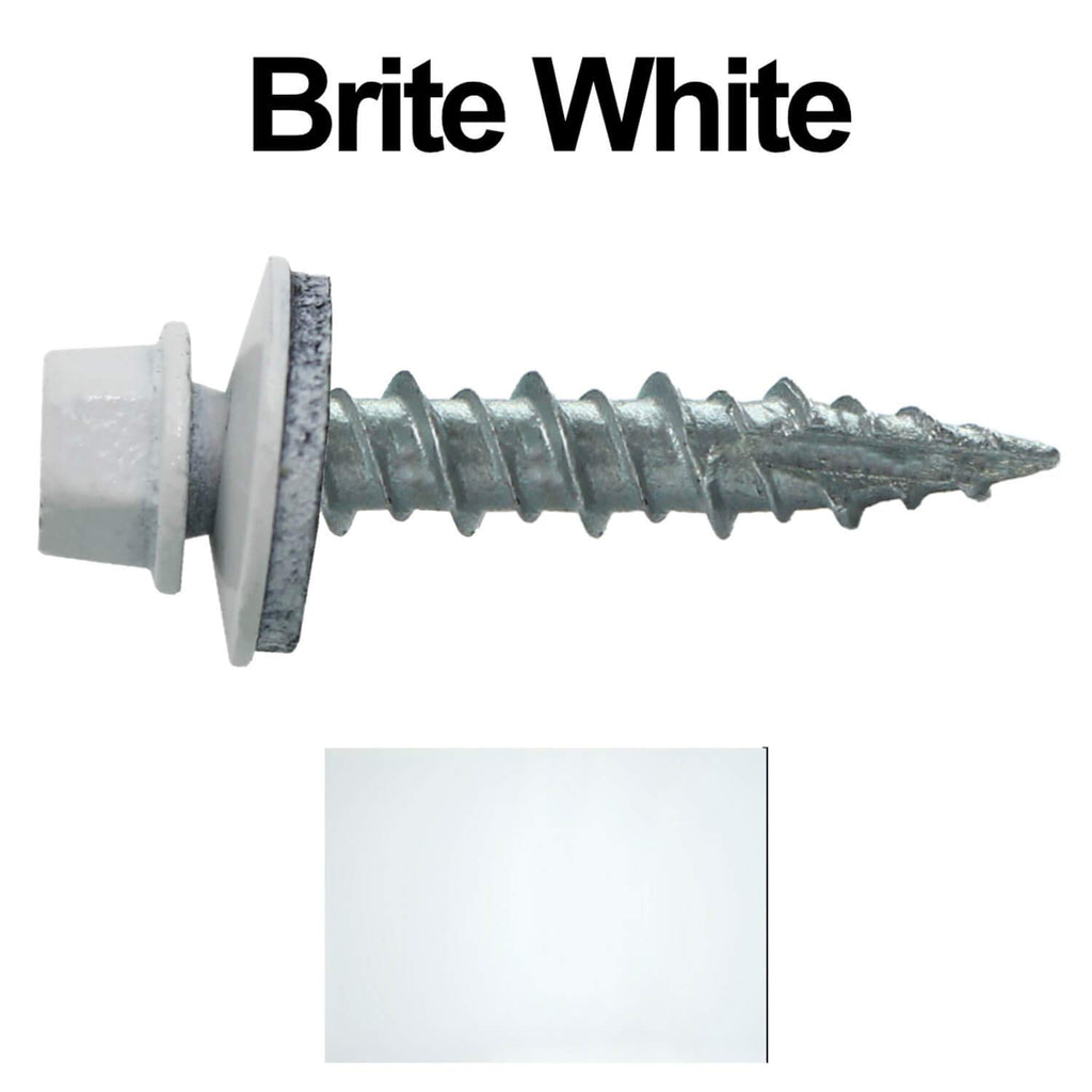 10 x 1 Brite White Metal Roofing Screws - Hex Washer Head- Self-Starting/Tapping - EPDM Washer. 4 X 250 Bags - 1,000 Screws