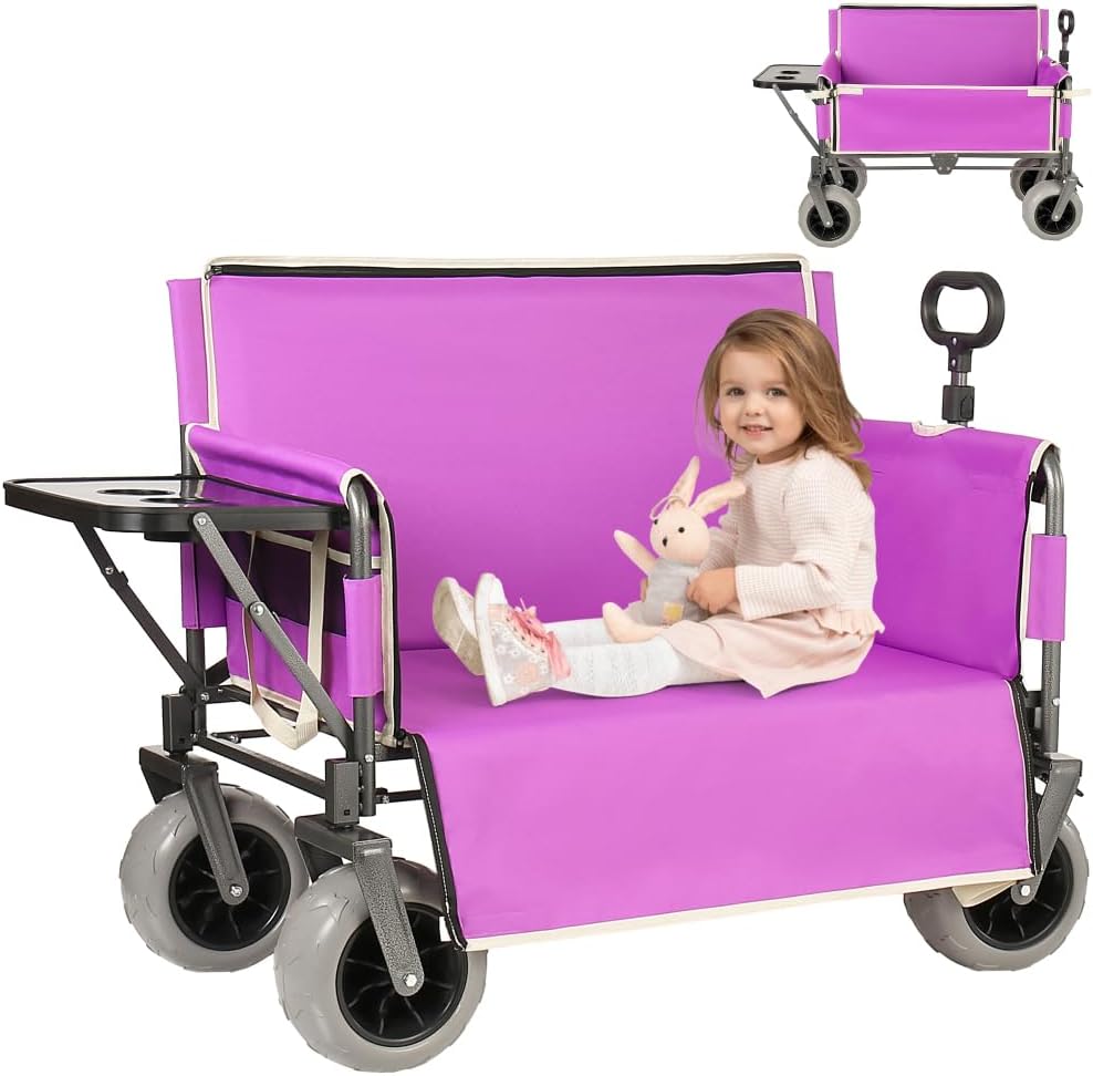Heavy-Duty Folding Wagon with Bench Seat and Rear Folding Tabletop – 500-Pound Capacity, All-Terrain Beach Wheels for Outdoor Use (Purple + Steel)