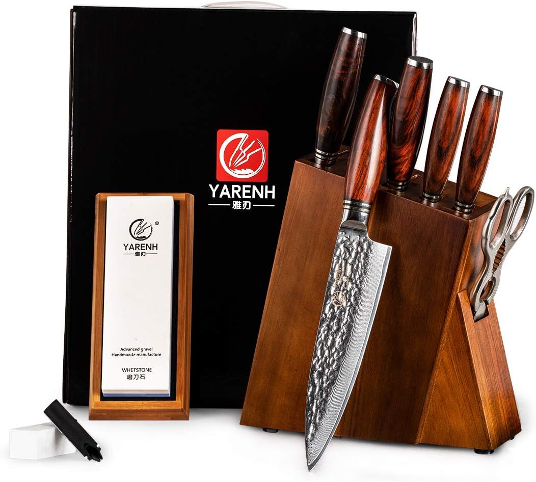 YARENH Kitchen Knife Set, 8 Piece Professional Damascus Chef Knives, Sharp High Carbon Stainless Steel Blade, 73 Layers, Full Tang, Dalbergia Wood Handle, Walnut Wooden Block and Sharpener Stone