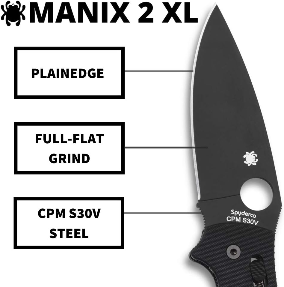 Spyderco Manix 2 XL Folding Pocket Knife with 3.8' CPM S30V Steel Blade and G-10 Handle - EDC Knife for Men and Women, Perfect for Hunting, Tactical, Camping, Survival, Hiking - PlainEdge - C95GPBBK2