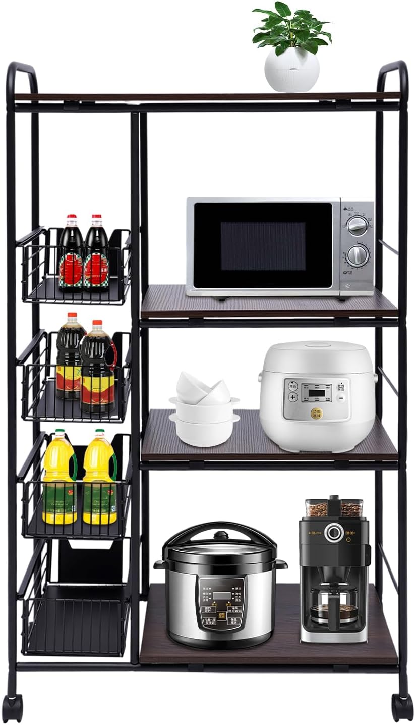 5-Tier Kitchen Bakers Rack with Storage, Kitchen Storage Cart with Wheels, Industrial Microwave Stand, Freestanding Kitchen Stand Storage Shelf, Mobile Storage Rack with Four Sliding Drawers
