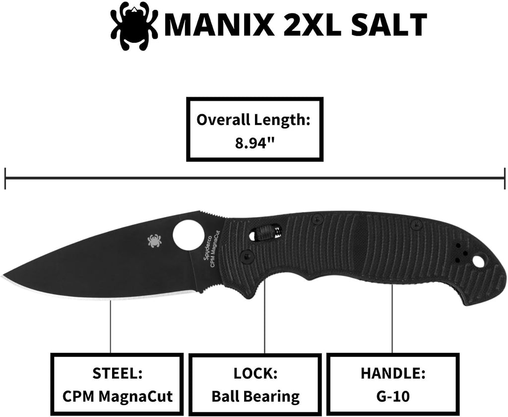 Spyderco Manix 2 XL Salt Folding Knife with 3' Black CPM MagnaCut Steel Blade and G-10 Handle - EDC Knife for Men and Women, Perfect for Hunting, Tactical, Camping, Survival - PlainEdge - C95GMCBKP2