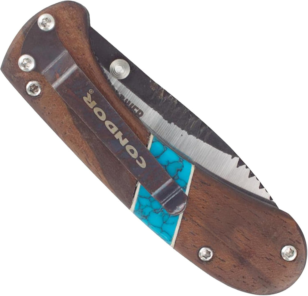 Condor Tool & Knife Blue River Hunter Folder - Pocket Knife with a Walnut and Reconstituted Turquoise Stone Handle - Stainless Steel - 3.02 inches Blade - 5.5 ounce (3.5mm Thick)