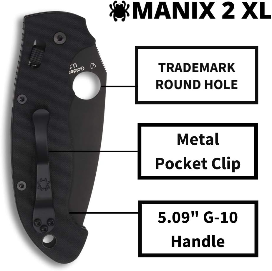 Spyderco Manix 2 XL Folding Pocket Knife with 3.8' CPM S30V Steel Blade and G-10 Handle - EDC Knife for Men and Women, Perfect for Hunting, Tactical, Camping, Survival, Hiking - PlainEdge - C95GPBBK2