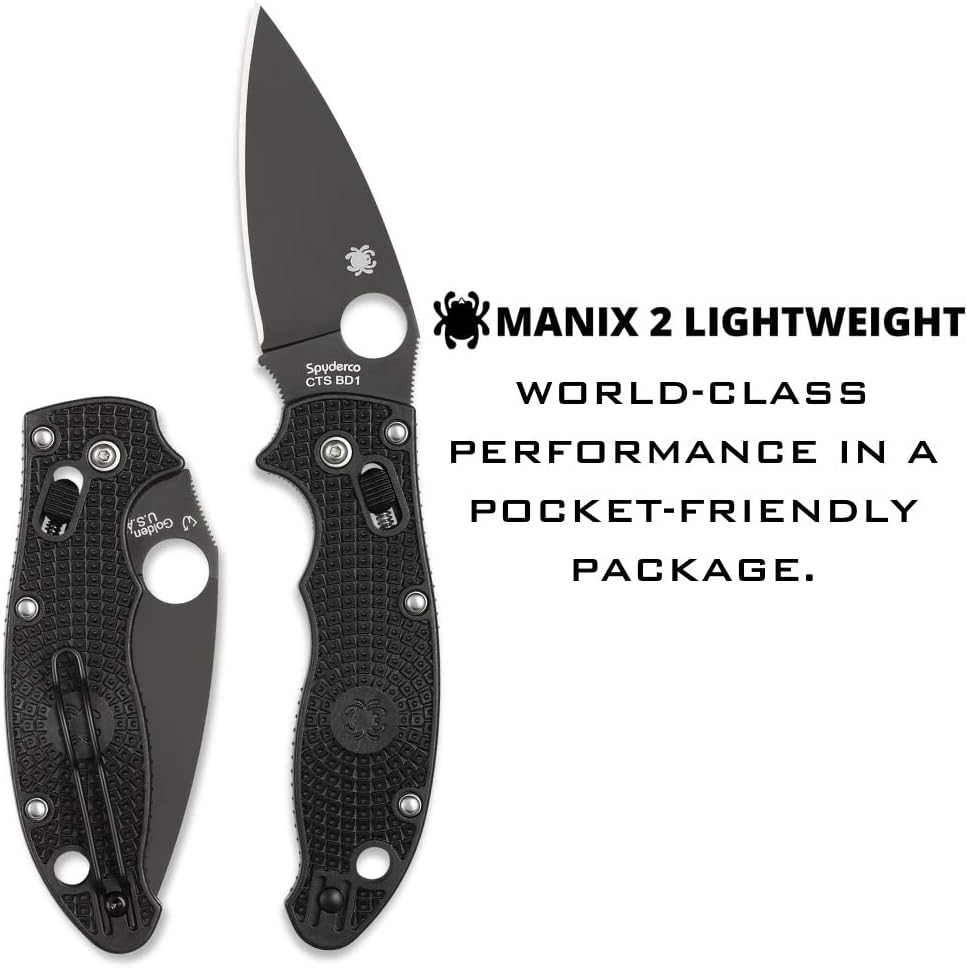 Spyderco Manix 2 Lightweight Folding Pocket Knife with 3.3' CTS BD1N Steel Blade and FRCP Handle - EDC Knife for Men and Women, Perfect for Hunting, Tactical, Camping - PlainEdge - C101PBBK2