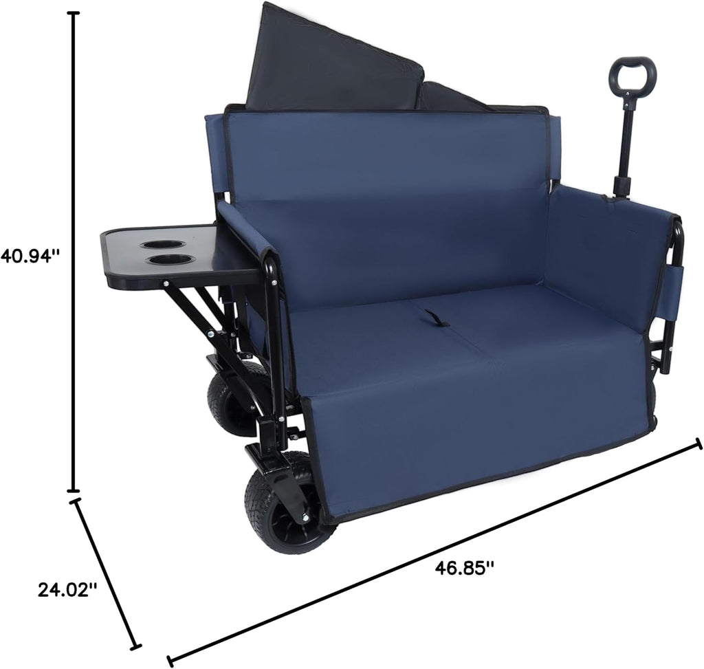 3-in-1 Heavy-Duty Folding Wagon Cart with 500lbs Capacity, All-Terrain Wheels, Rear Folding Tabletop & Bench Seat – Perfect for Camping, Beach, Sports, and Garden Use (Dark Blue)